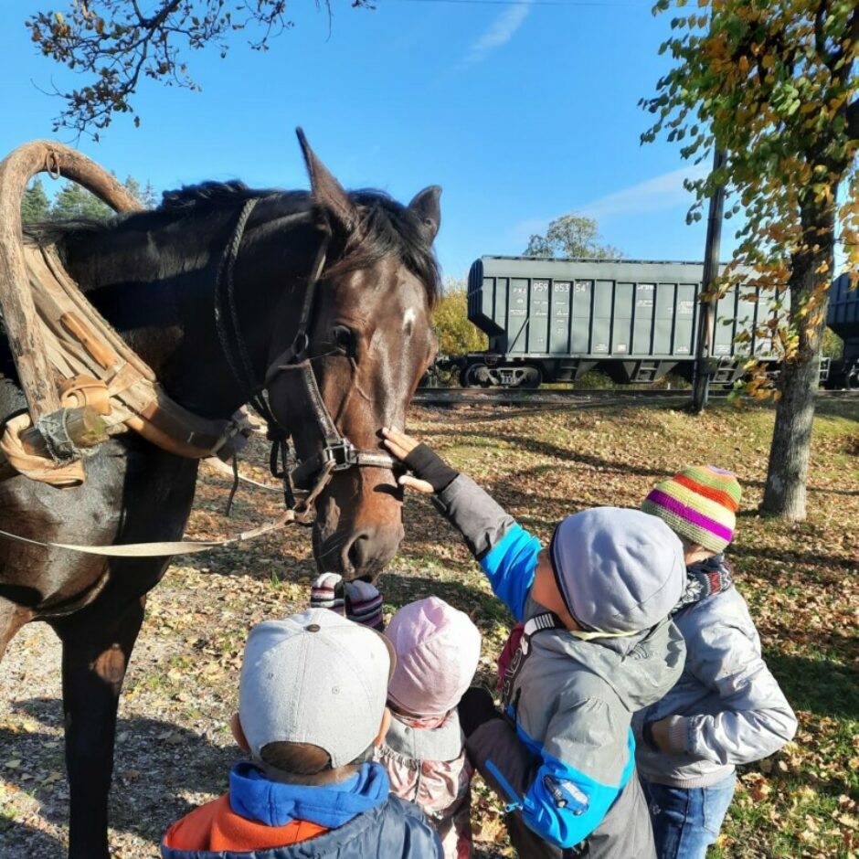 Bērni glāsta zirgu.