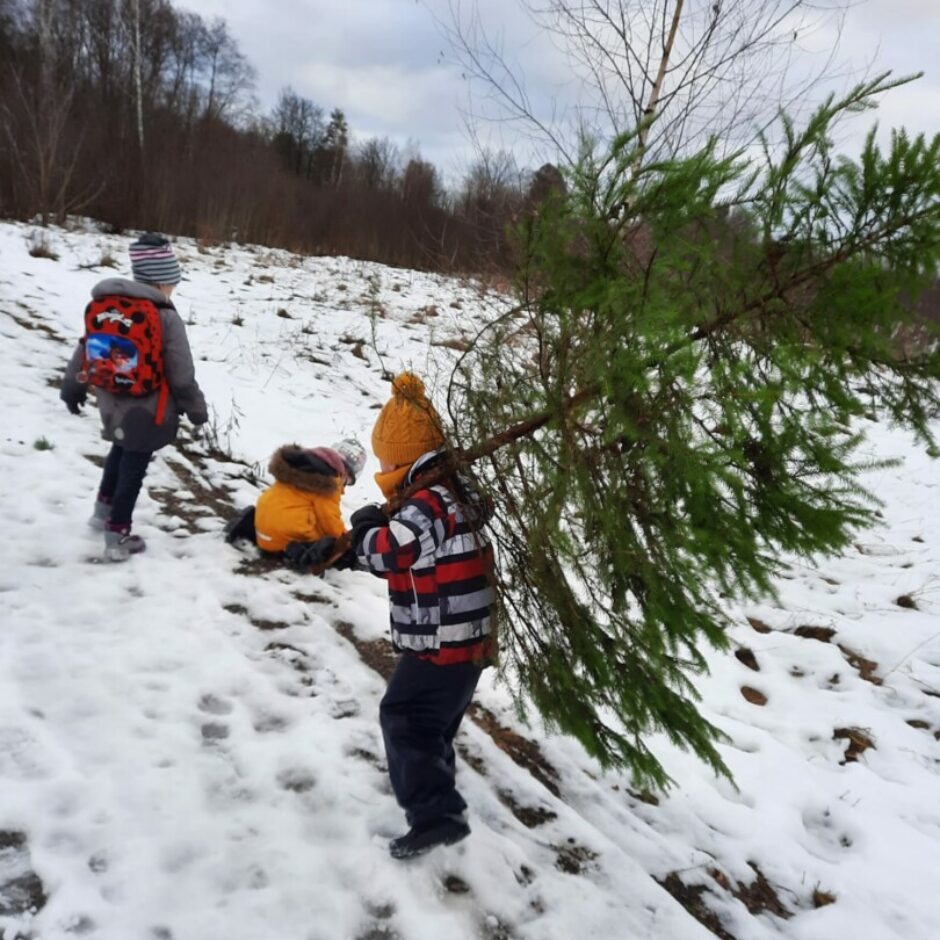 Zēns pār plecu nes eglīti.