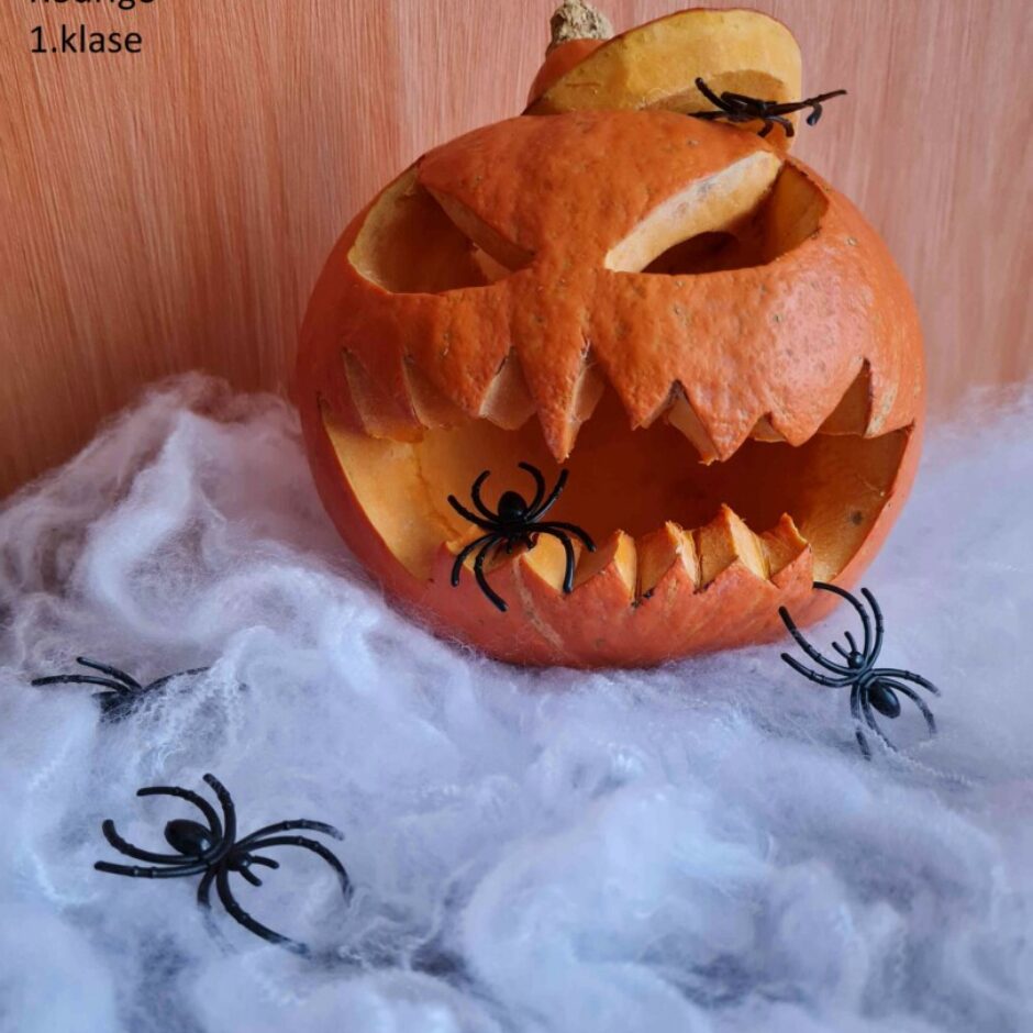 Izgrebts ķirbis pa kuru rāpo zirnekļi