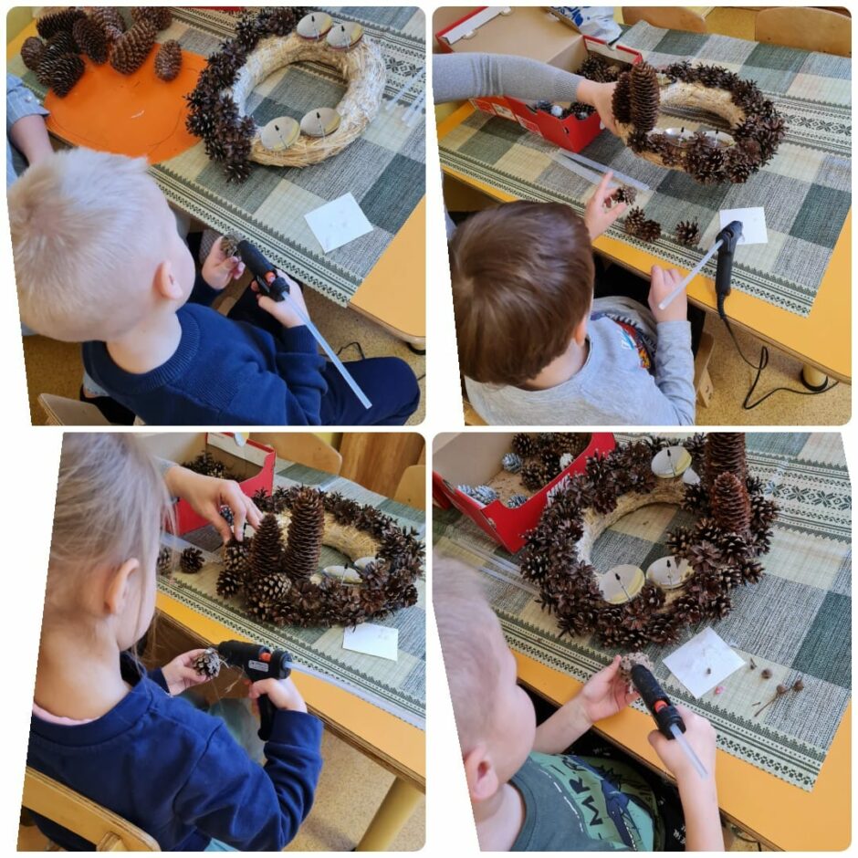 Bērni pie vainaga pamatnes līmē čiekurus.