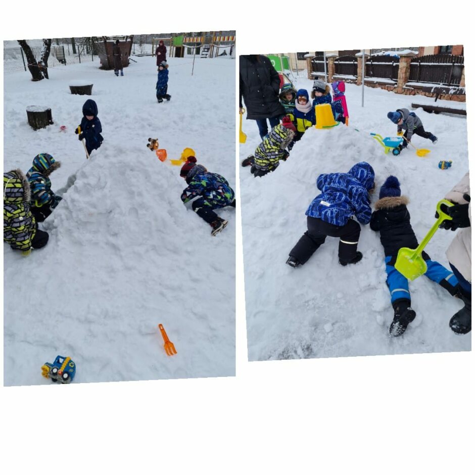 Bērni veido sniega māju - rok sniega kaudzē ieeju.
