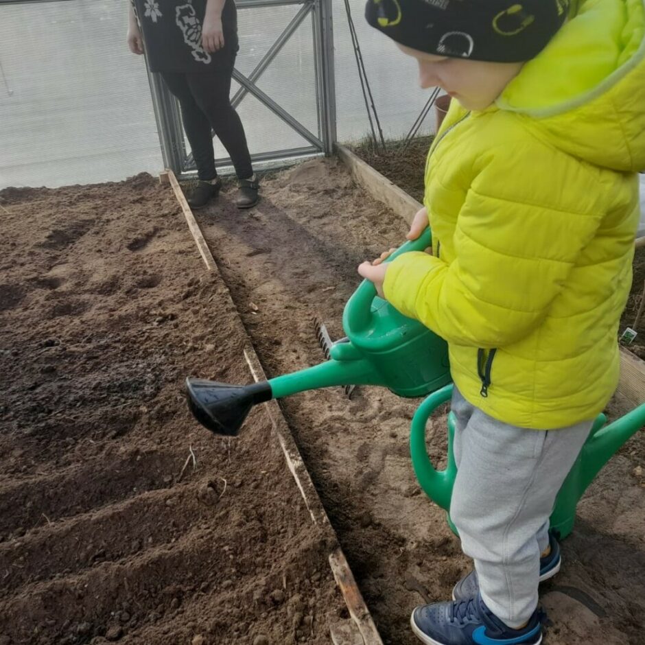 Zēns no lejkannas laista siltumnīcā iesēto.