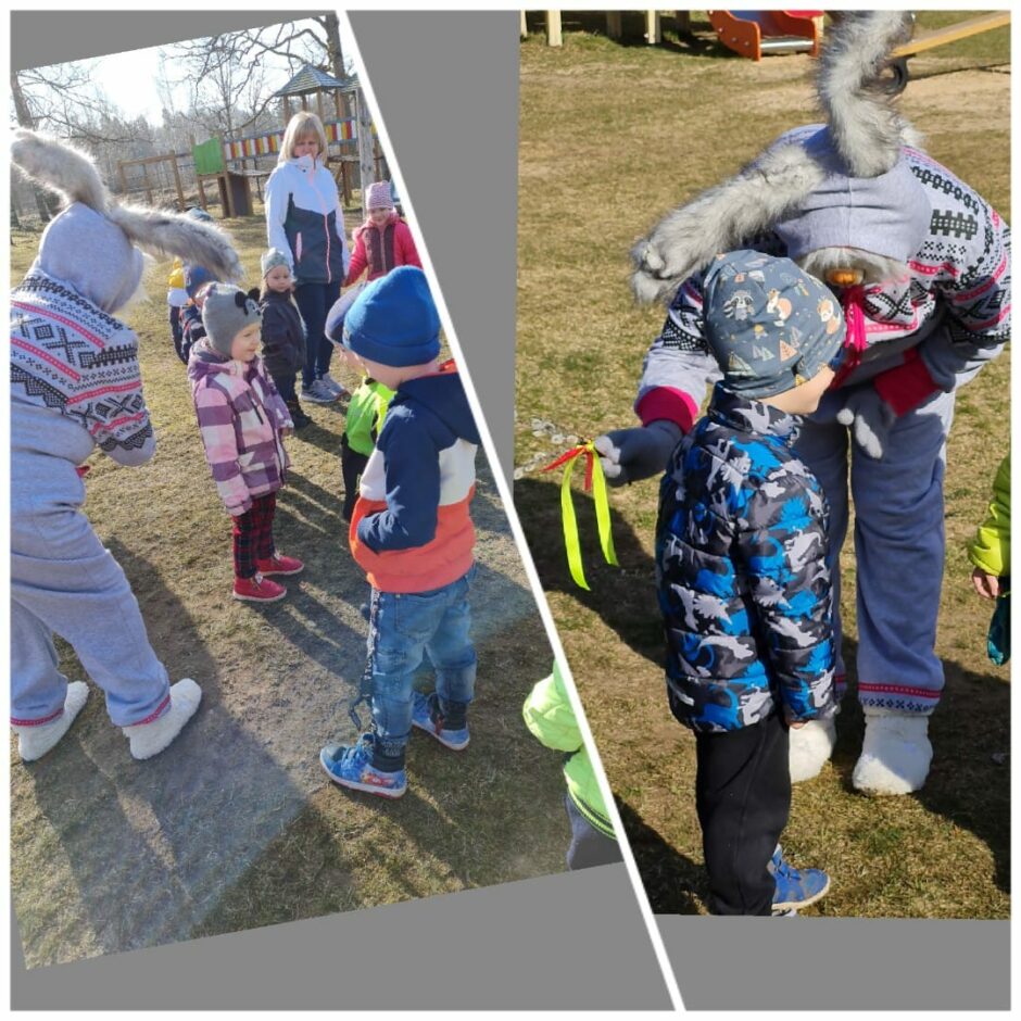 Bērni āra vidē svin Lieldienas.