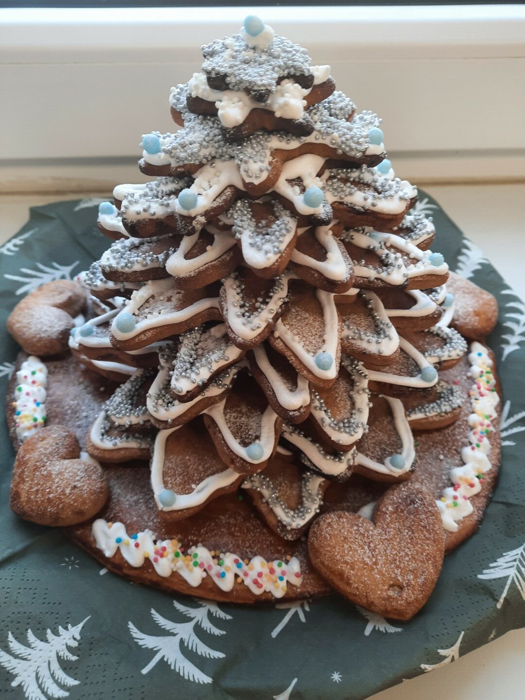 No dažāda izmēra piparkūkām veidota Ziemassvētku eglīte ar baltu glazūru.