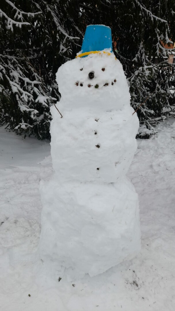 Sniegavīrs ar zilu spaini galvā pie egles