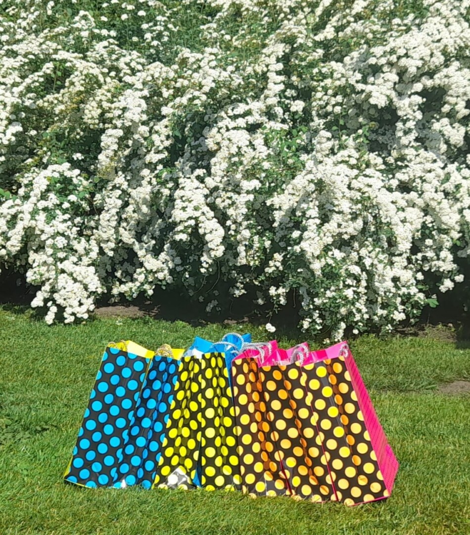 Dāvanu maisiņi zālē pie spireju krūma