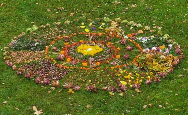 Dabas materiālu mandala zaļā zālē