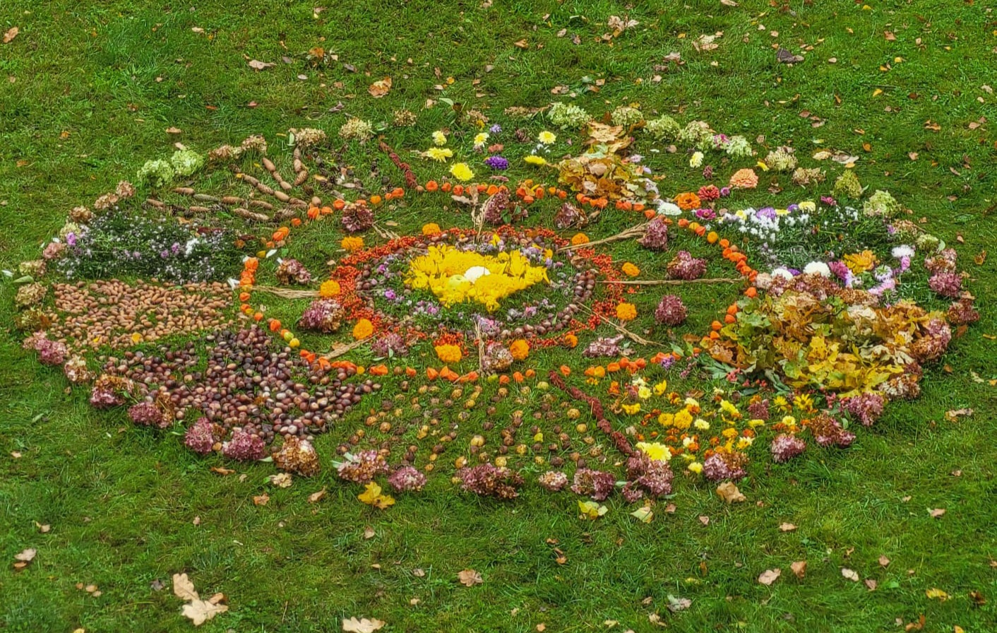 Dabas materiālu mandala zaļā zālē