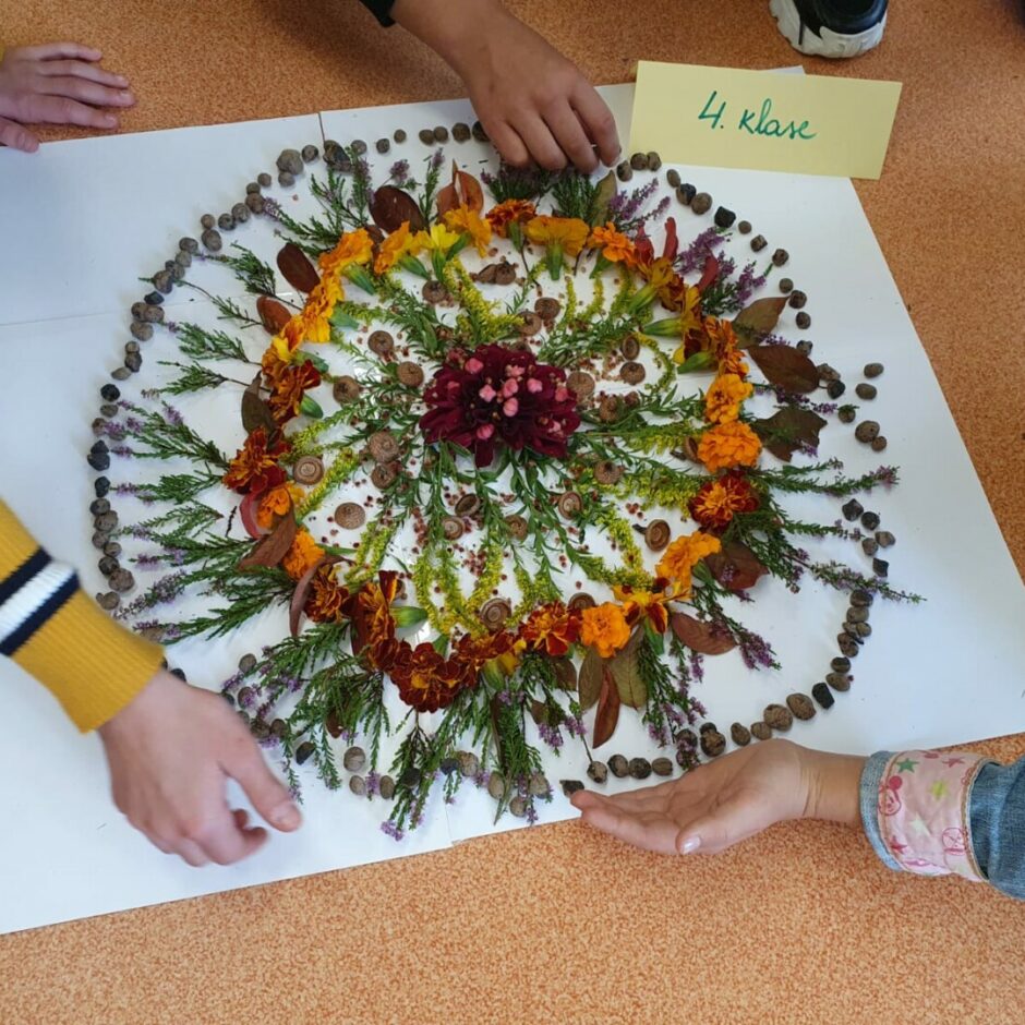 Bērnu izveidota mandala no dabas materiāliem