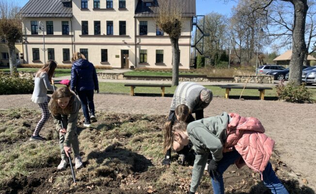 5 skolēni strādā dobē, rok puķes