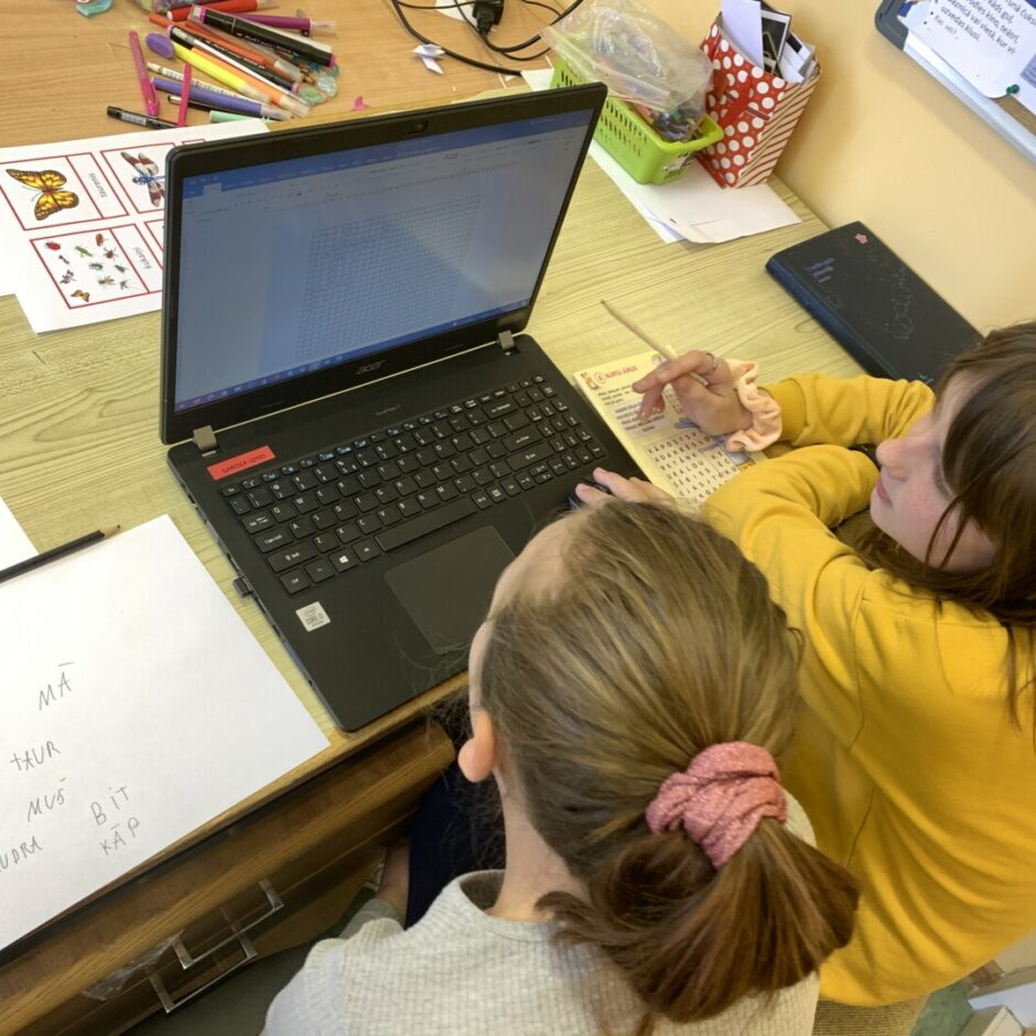 Divas meitenes raksta datorā